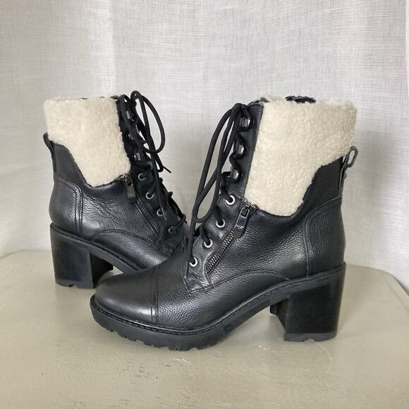 Marc Fisher Black Lansly Genuine Leather Sherpa Lined Combat Boots Size 9.5m EUC - Picture 4 of 12